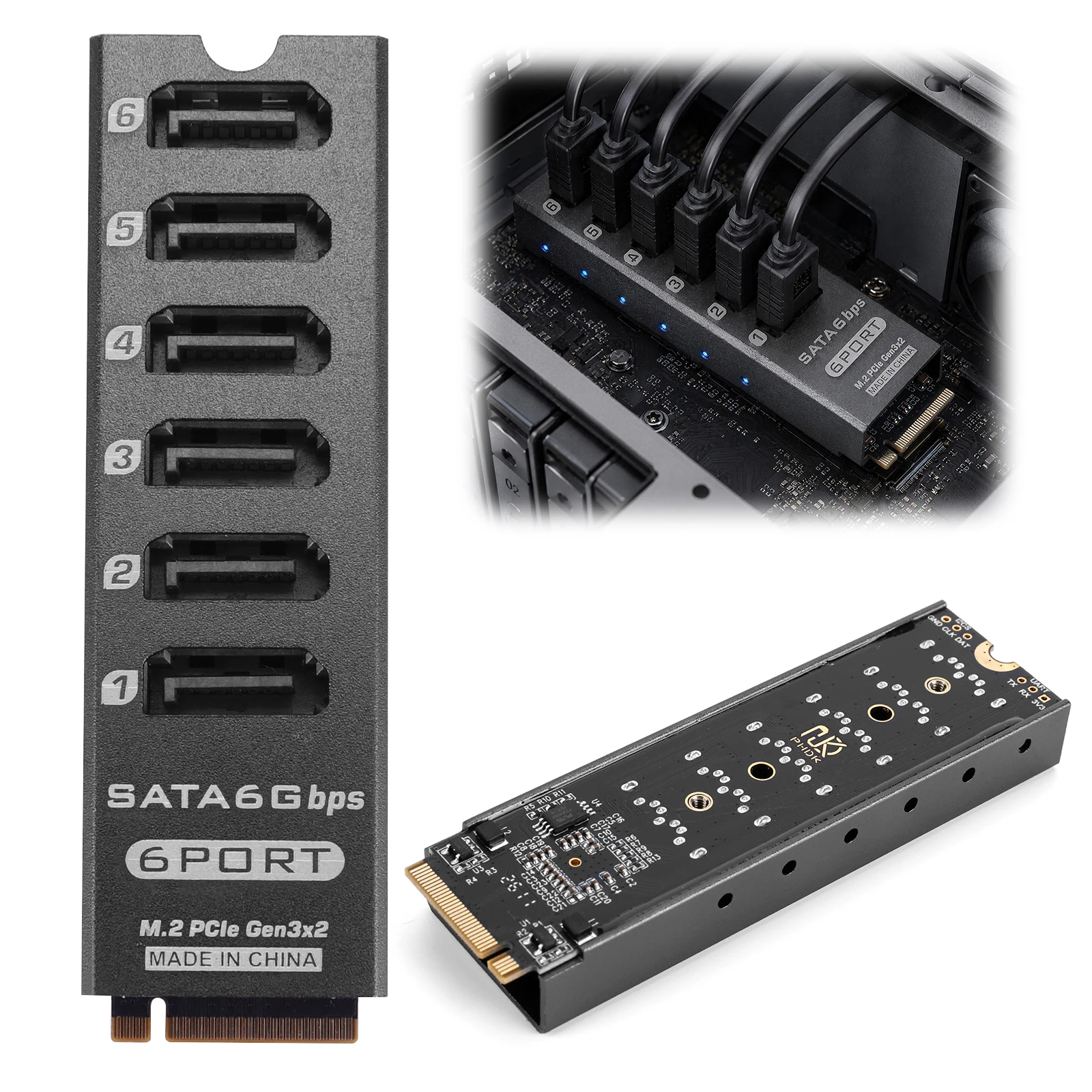 6 Port SATA 6Gbps PCIe 3.0 Expansion Card ASM1166 NAS HDD SSD Port Multiplier Support Aluminum Alloy Storage Controller