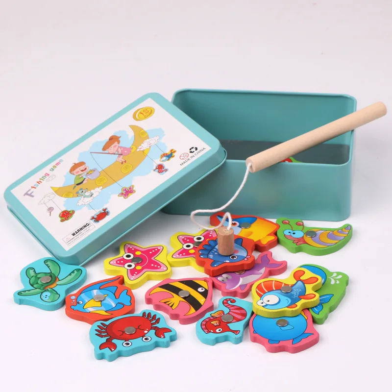 Caja de hierro, juego de pesca de madera, caña de pescar, juguetes magnéticos para niños, divertido habilidad motora fina, rompecabezas cognitivo de peces, juguete, regalos Montessori