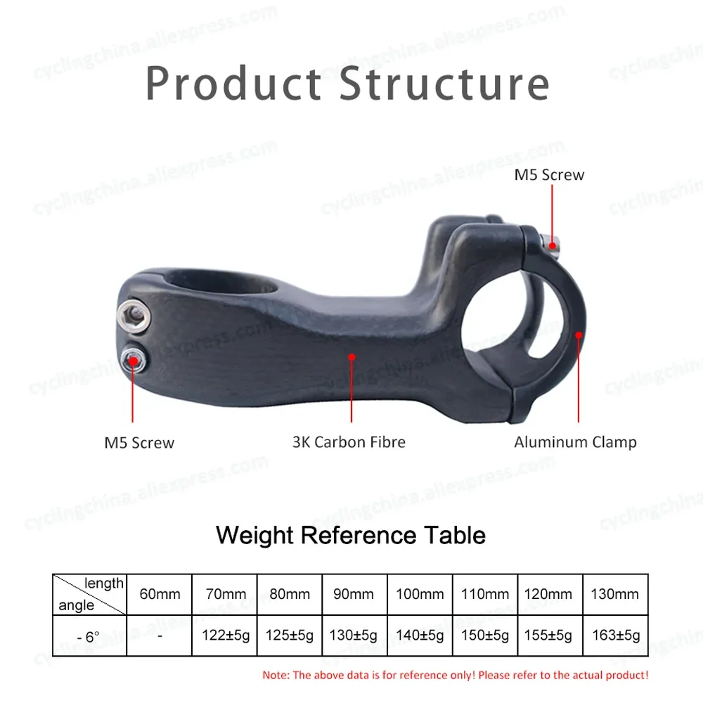 No Logo 3K Gloss/Matte Carbon Bike Stem -6 Degree OD1/OD2 Road/Mountain Bike Riser Handlebar Clamp 25.4/31.8mm Bicycle Parts