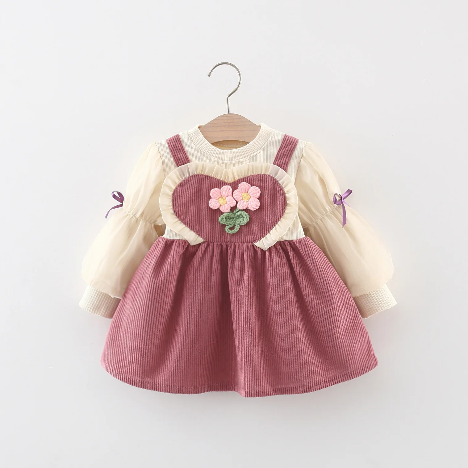 Spring and Autumn Girl's Fake Two Piece Long sleeved Dress with 3D Woolen Flower Corduroy Bubble Sleeve Dress