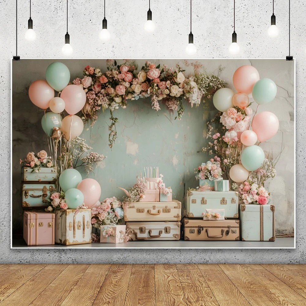 Travel Diaries Girl 1st Birthday Photography Background Garden Flowers Colored Balloon Suitcase Cake Smash Kid Portrait Backdrop