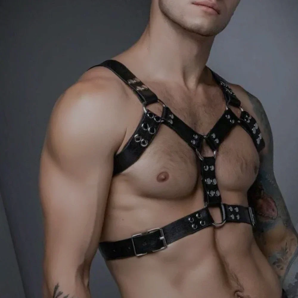 Arnés de pecho de cuero para hombres, fetiche Gay, ajustable, cuerpo Sexual, jaula de Bondage, cinturones, fetish arnes cuero