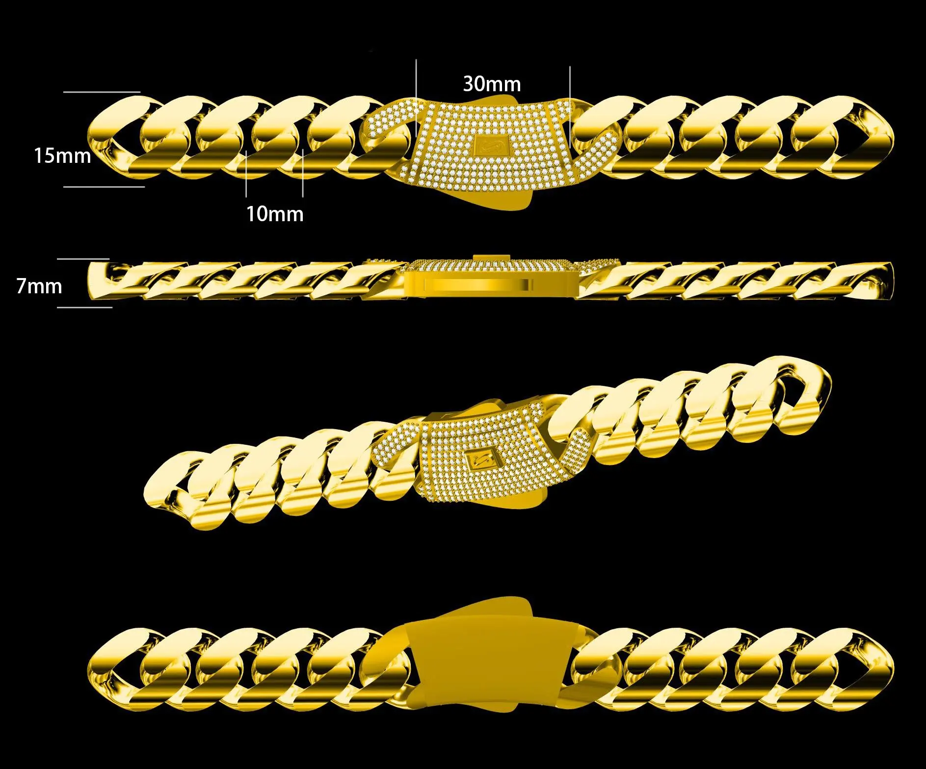 14K Gold-Plated 12MM/15MM Mexican Cuban Chain Copper Zircon Shiny Luxury Retro Chain Fashion Accessories Men Women