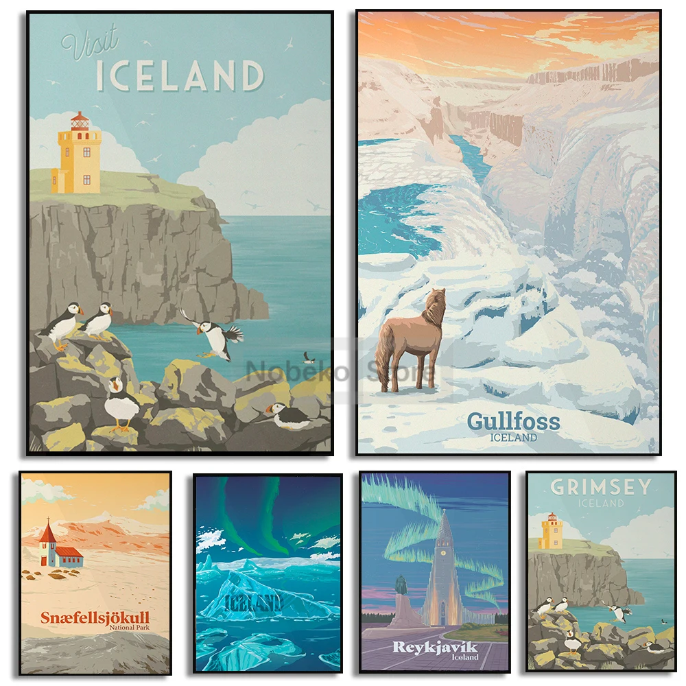 Vintage Iceland Travel Poster Scandinavian Art Iceland Landscape Prints Canvas Painting Wall Art Pictures Home Room Decoration