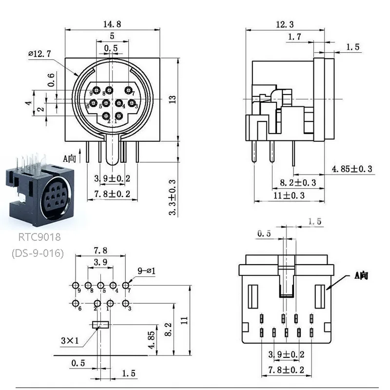 10pcs/lot 9 Pin Mini DIN Female Jack Terminals 90 Degree / Right Angle PCB Panel Mount 9Pin Mini DIN Jack Socket Chassis