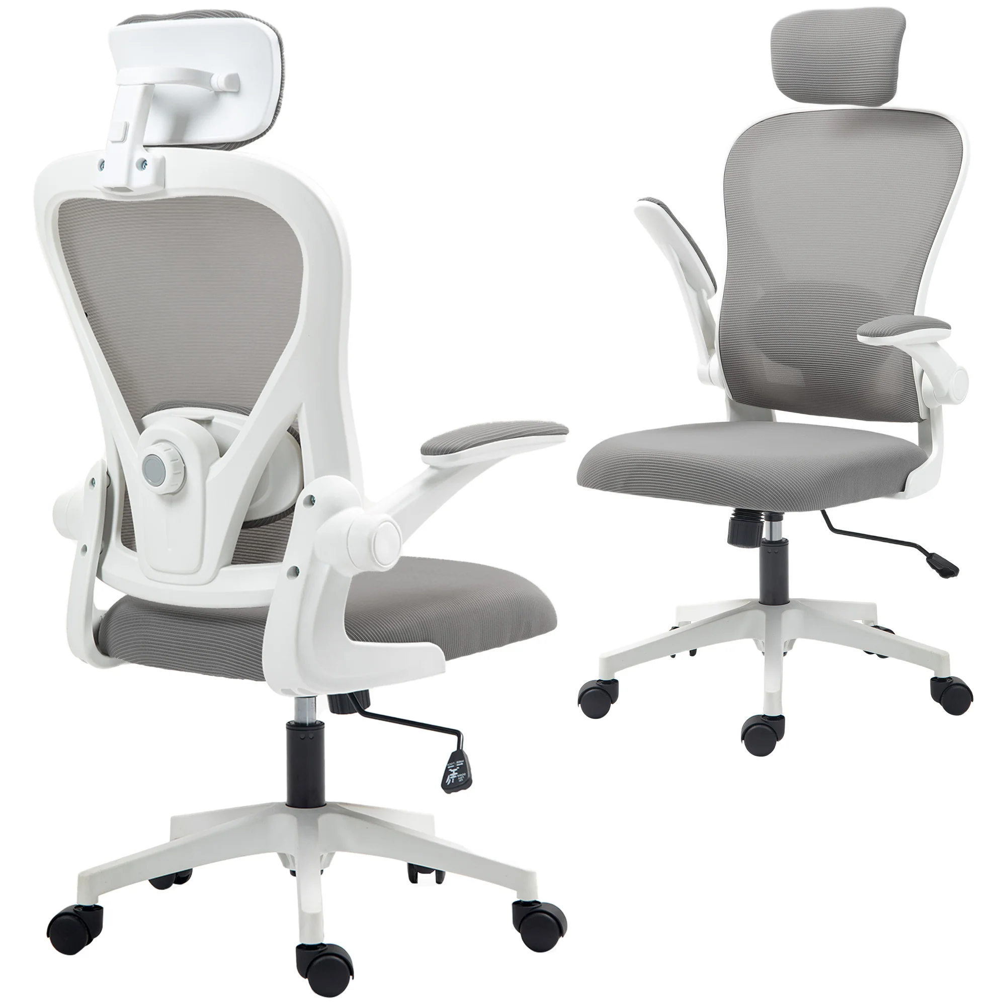 Silla de Oficina Ergonómica Homcom, Silla de Escritorio de Malla con Reposacabezas y Soporte Lumbar Ajustables, Gris