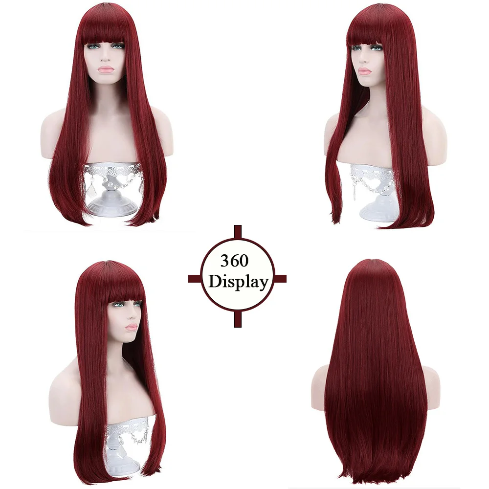 Wig rambut palsu panjang Lurus merah anggur 99j # sintetis dengan poni Wig Cosplay tahan panas untuk wanita Asia dan Eropa 28 inci