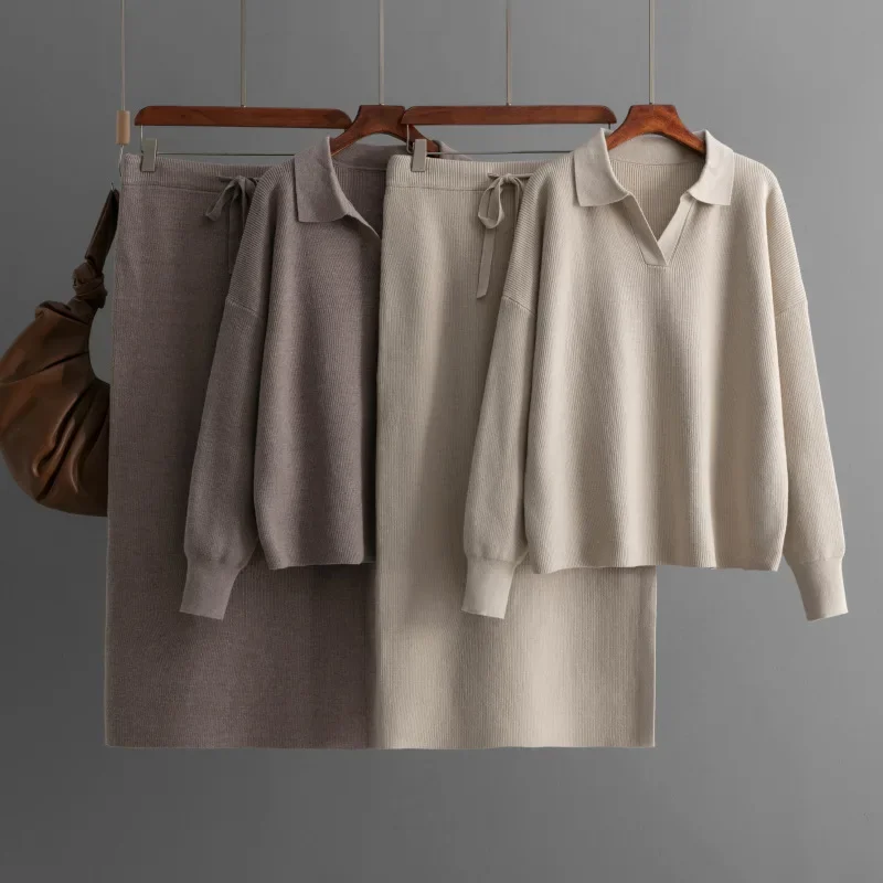

Women 2 Piece Set Pullover Sweater Long Skirt Suit Lace Up Muslim Knitting Skirts Outfits Autumn Winter Casual Knitwear Ensemble