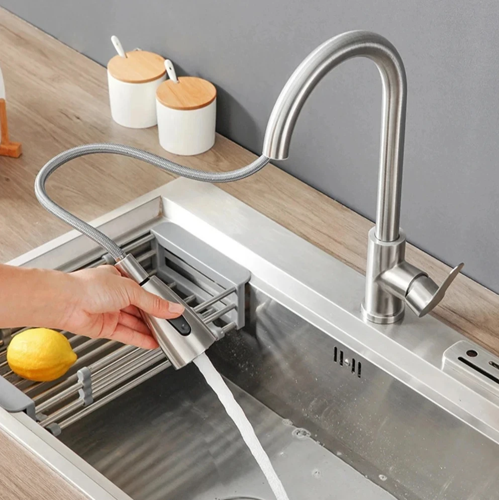 Deck Mounted Silver Brushed Nickel Kitchen Faucet Pull Out Sprayer Nozzle Hot Cold Water Mixer Sink Tap for Home Kitchen