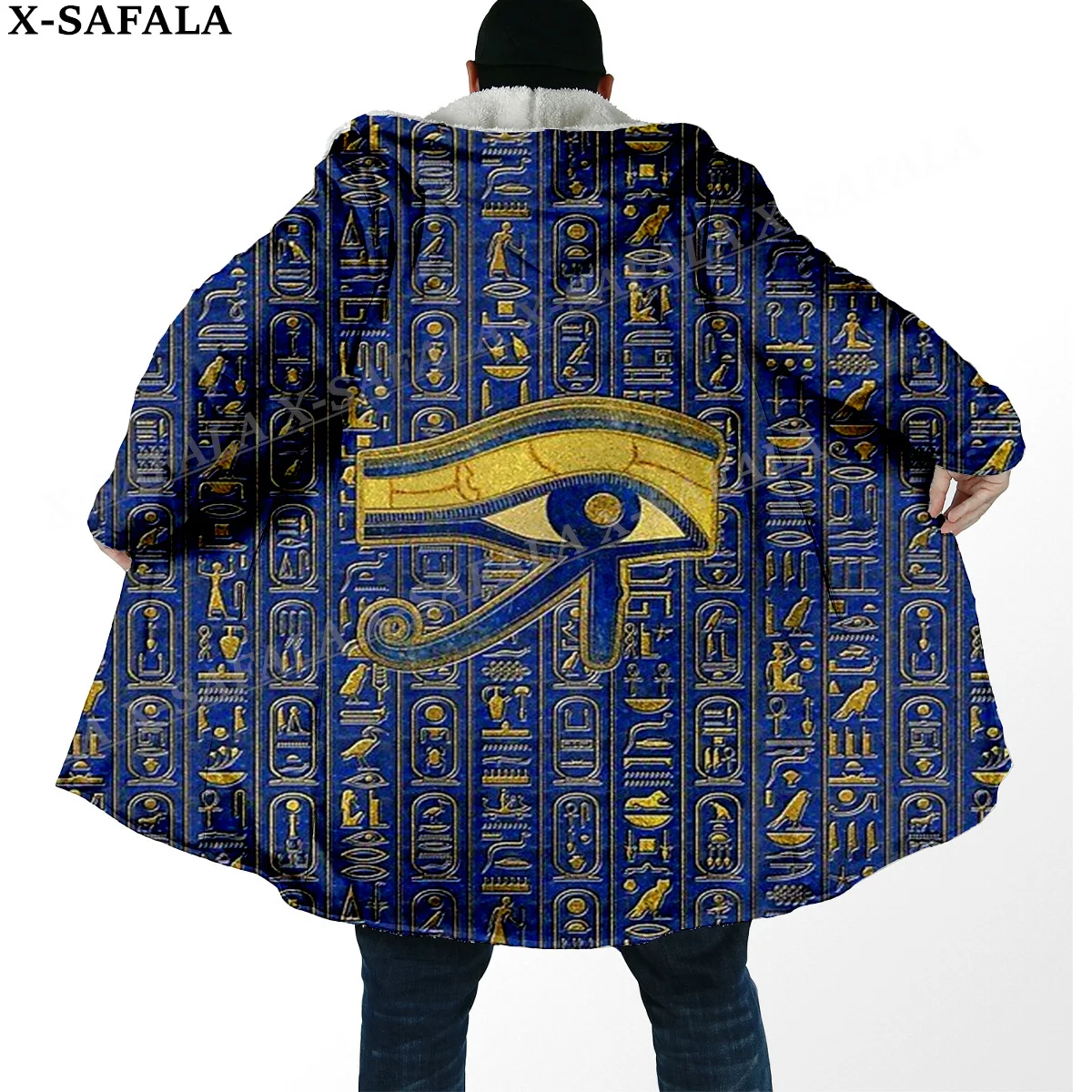 Pharaoh Ancient Egyptian Cat Print Thick Warm Hooded Cloak Men Overcoat Coat Windproof Fleece Cape Robe Hooded Blanket-12