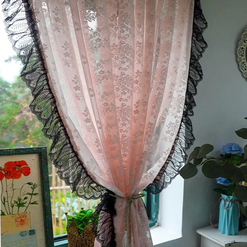 Vintage Girl Black Lace Pink Sheer Curtains Floral Jacquard Romantic Café Door Curtain Kitchen Cocina Home Décor JD789