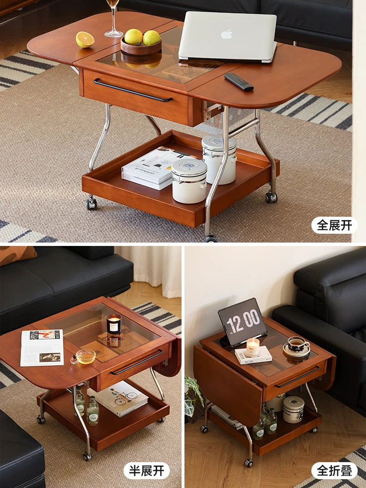 

[Xiaowan Furniture] Nordic solid wood folding coffee table small apartment sofa side table movable cart retro storage