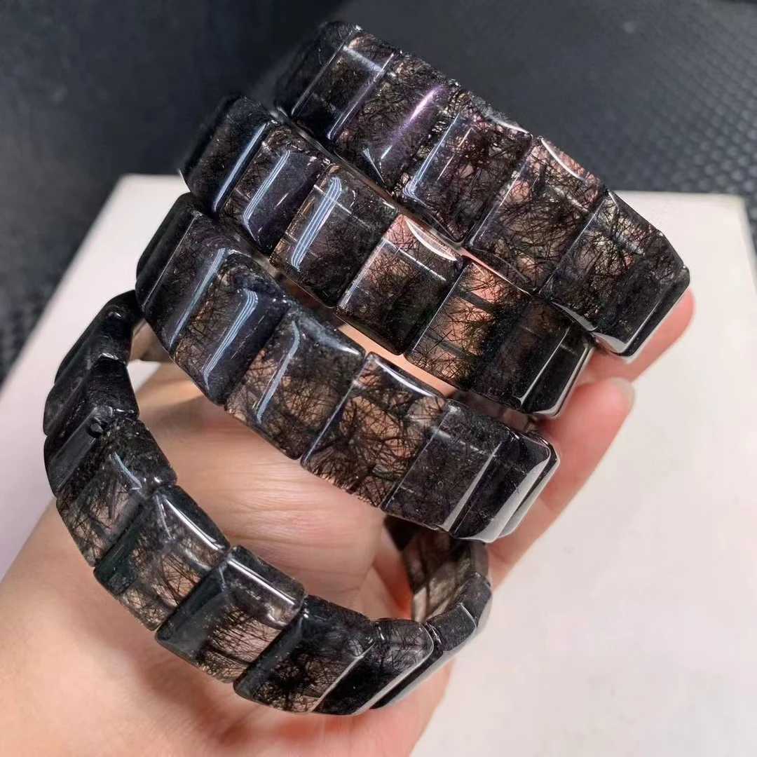 Natural Black Rutilated Quartz Clear Rectangle Beads Bracelet 14mm Women Men Wealthy Rutilated From Brazil Wealthy Stone AAAAAA