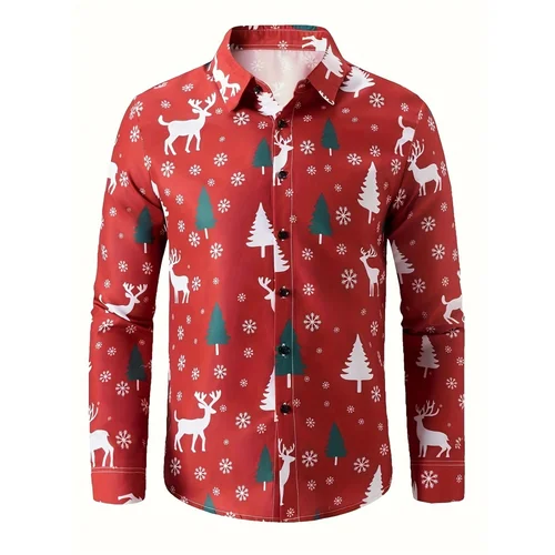 Camisas formales con estampado 3D para hombre con tema del Festival de Navidad, camisa de manga larga con gráfico de árbol de Navidad y Papá Noel, camisa de moda para hombre