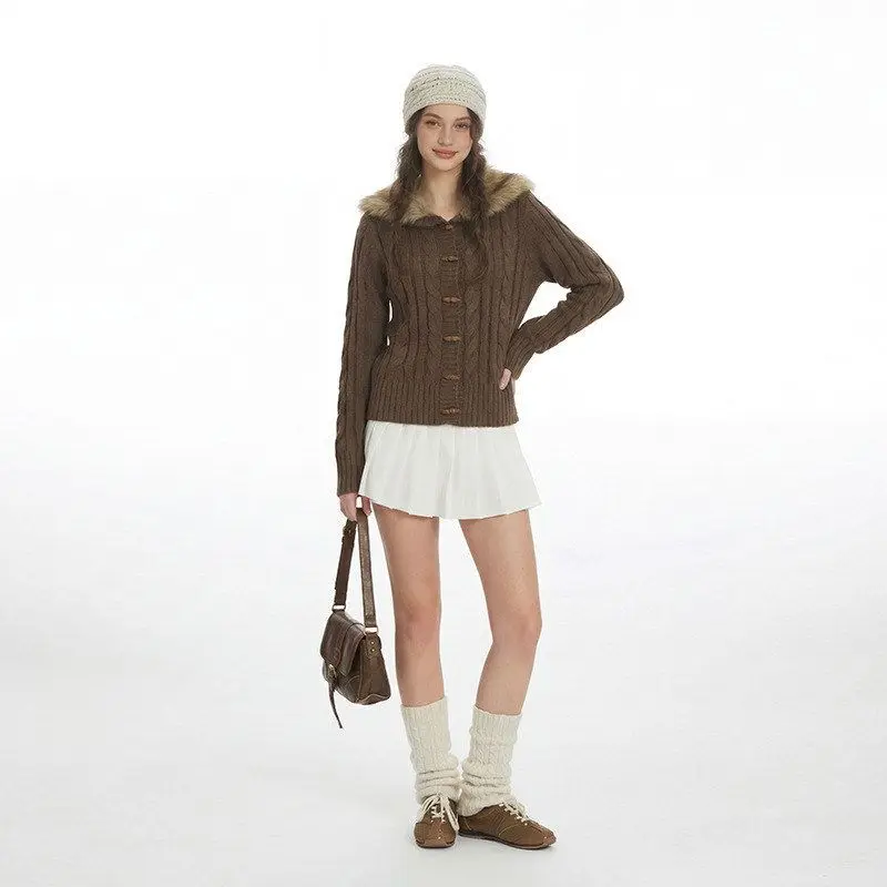 เสื้อไหมพรมผู้หญิงทรงเข้ารูป แบรนด์ HeyHenry สำหรับฤดูใบไม้ร่วงและฤดูหนาว แต่งปกขนสัตว์ ดีไซน์บิดเกลียว แขนยาว สีพื้น