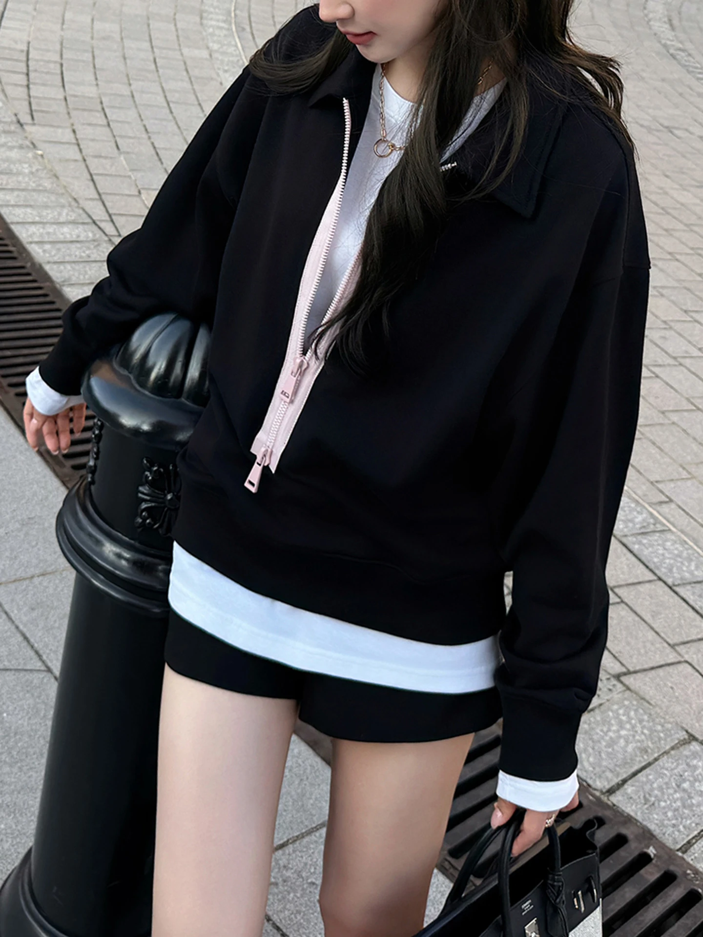 

Elegant Pure Cotton Sweatshirt Women's Loose Fit Zipper Collar Jacket Sakura Pink Casual Comfortable Spring Outerwear