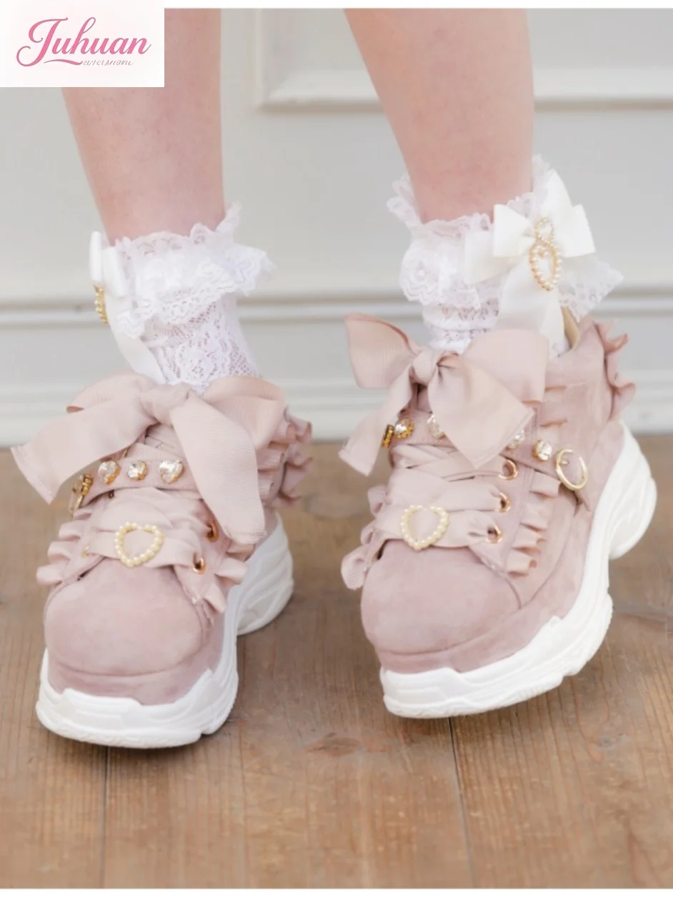 Scarpe da muffin giapponesi Sweet Lolita Love Scarpe da ginnastica con plateau con fiocco in strass Scarpe casual Scarpe da studente da donna Campus Incontri giornalieri