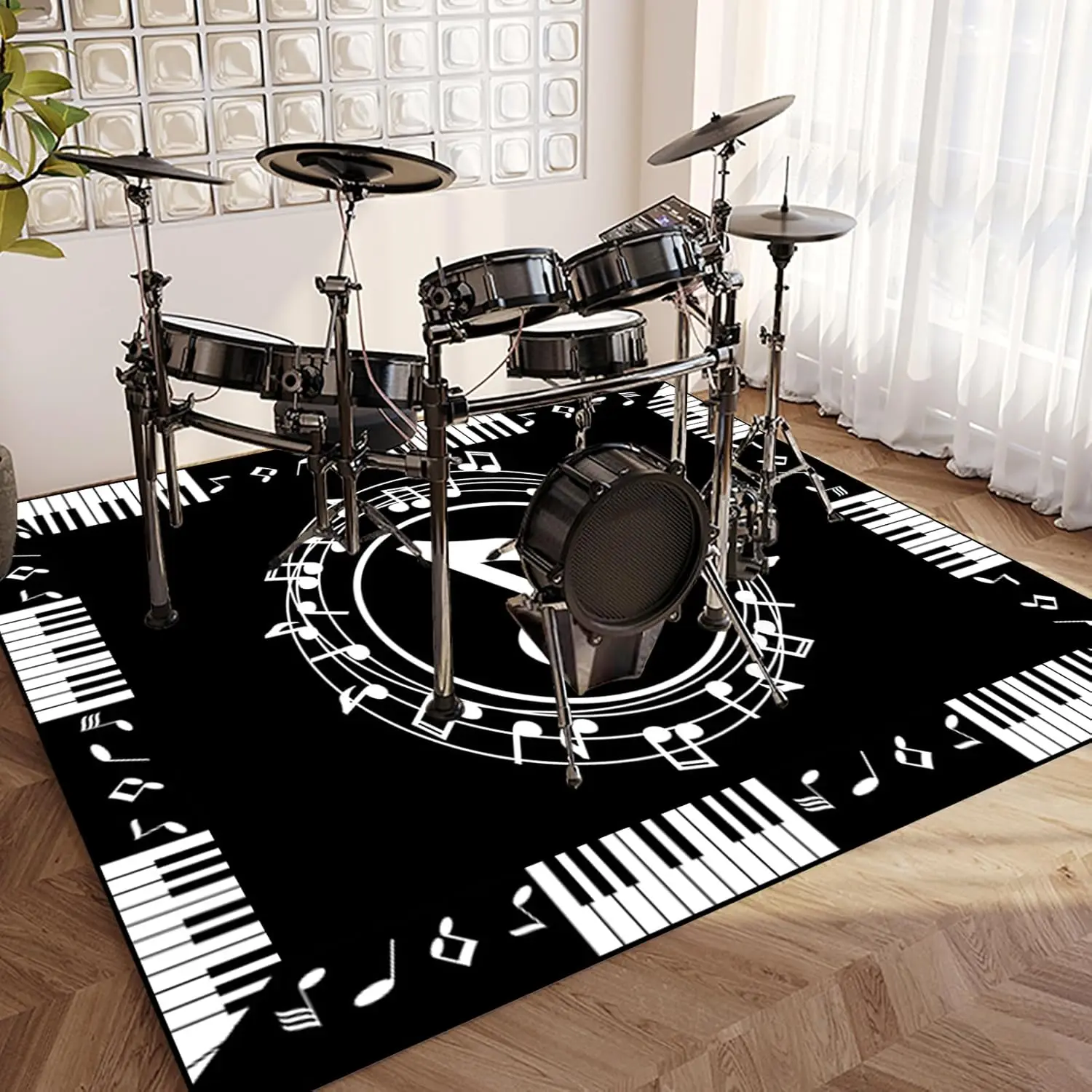Musical Notes and Piano Keys  Rug, Black and White Music Theme Carpet, Non-Slip Floor Mat for Living Room, Music Studio Decor
