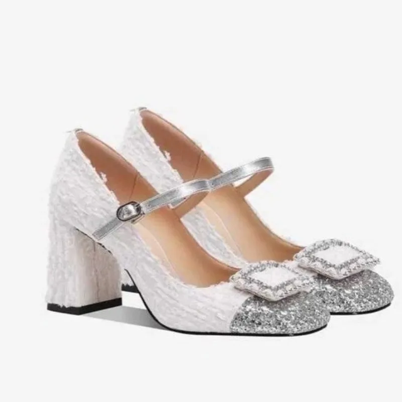 Coarse Woolen HigH for Women in Spring 2024, New Sequin Thick Heels with A Straight Line and Shallow Cut Mary Jane