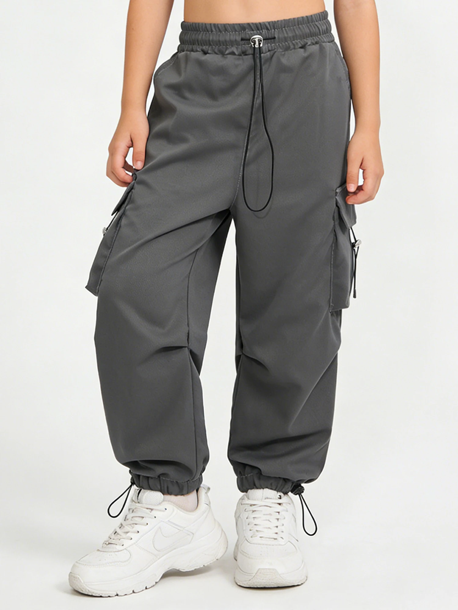 Kids High Waist Cargo Pants for Boys Girls, Elastic Drawstring Waist with Multi Pockets, Streetwear Trousers Hip-Hop