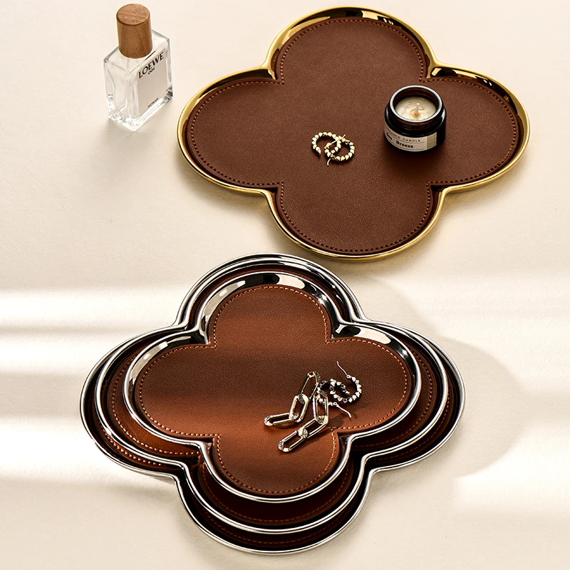 Ceramic Leather Storage Tray Four-leaf Clover Jewelry Plate Entrance Key Sundry Storager Organizer Home Decoration Ornaments