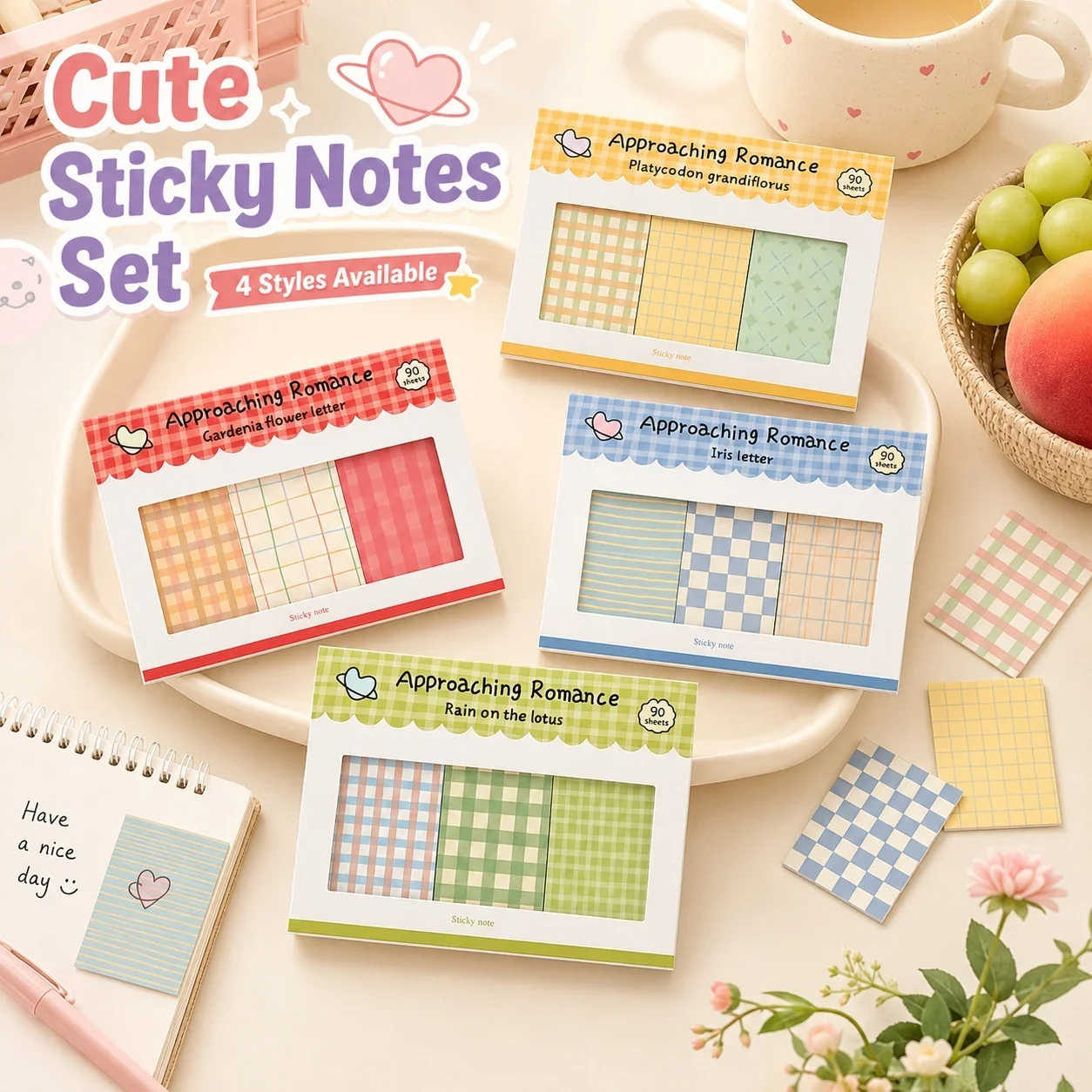Cute Square Grid Sticky Notes Set, Memo Pads for Journaling, Scrapbooking, Planner Decoration, Study, School and Office Supplies