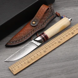 VG10 Core Damascus Steel Sheet Cow Bone Handle Fixed Knife Outdoor Fruit Handle Meat Portable Self-defense Tool