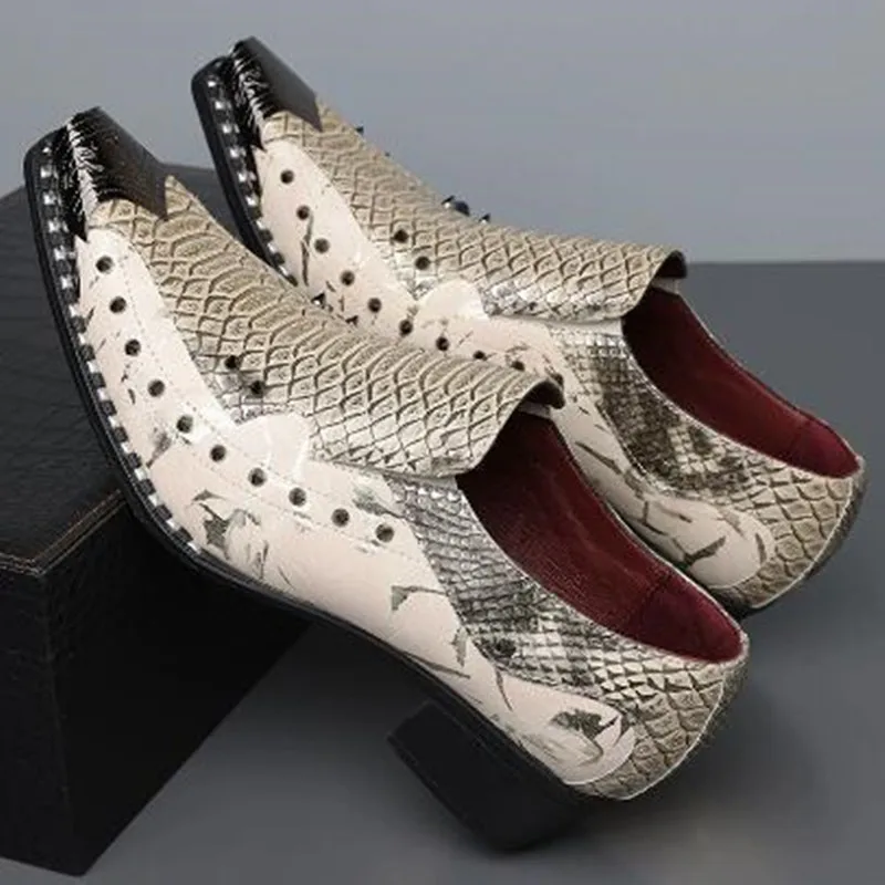 Men Snake Skin Print Pointed Toe Loafers Rivet Studded Color Block Chunky Heel Party Wedding Formal Fashion Business Dress Shoes
