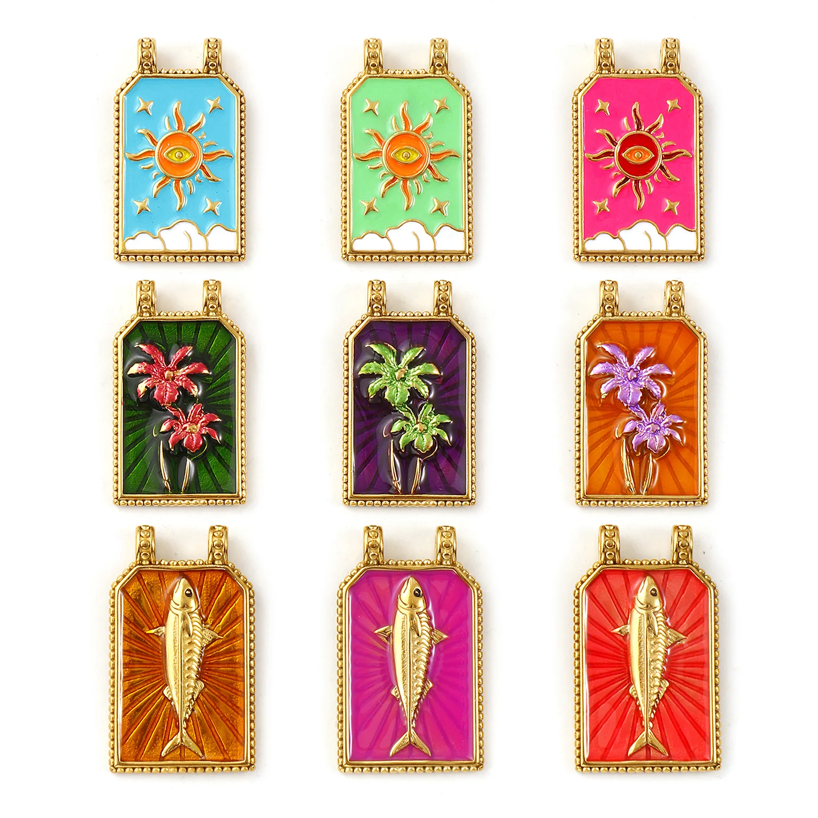 1 pièce 304 breloques en acier inoxydable plaqué or 18K émail hexagone soleil cocotier poisson pendentifs bricolage collier porte-clés fabrication
