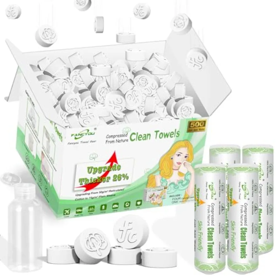 Compressed Towel Tablets Bulk 500 Pcs with 4 Dispenser Mini Coin Tissue Cotton Biodegradable Disposable Washcloths Portable Fac