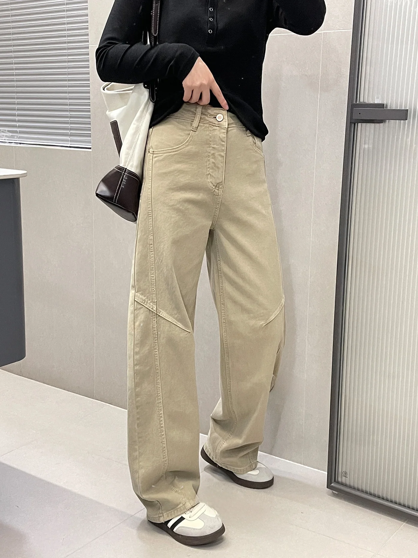 

Spring New Style Cool BF Wind Knife Jeans Women High Waist Loose Casual Khaki Color Workwear Wide Leg Pants Long Trousers