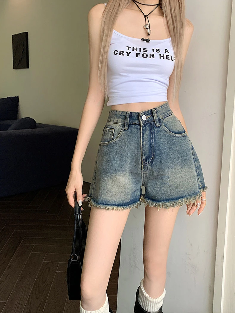 Ragged edge niche design oversized denim shorts, women's high waisted casual A-line internet famous retro wide leg hot pants