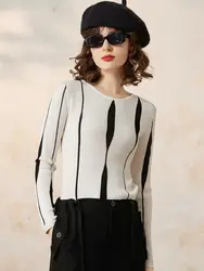 LOUIS YAO Women T-shirt Casual Contrast Color Elegant Tee 2024 Spring New Round Neck Long Sleeve Slim Fit Knitwear Women's Top