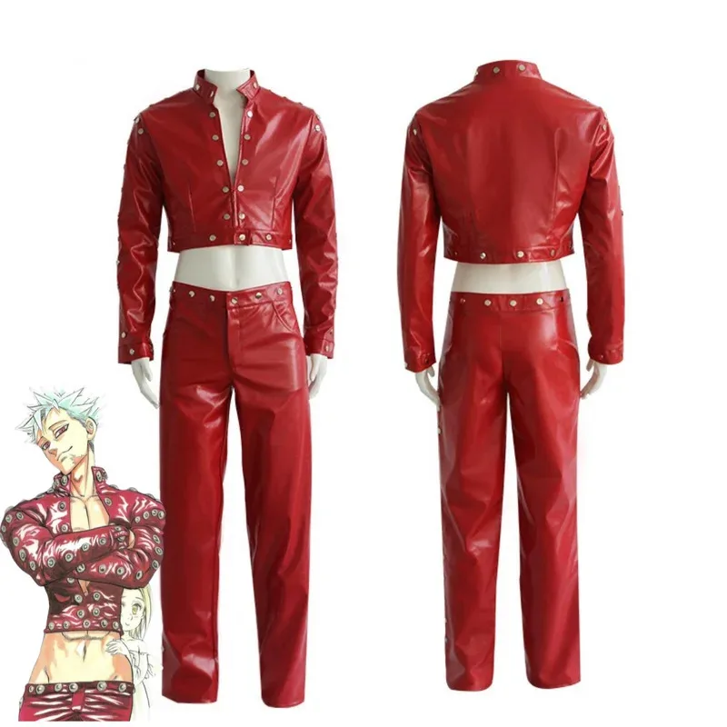 CyAnime siete pecados capitales: ira de los dioses Ban disfraz de Cosplay rojo PU abrigo pantalones peluca adulto hombre mujer traje de Carnaval de Halloween