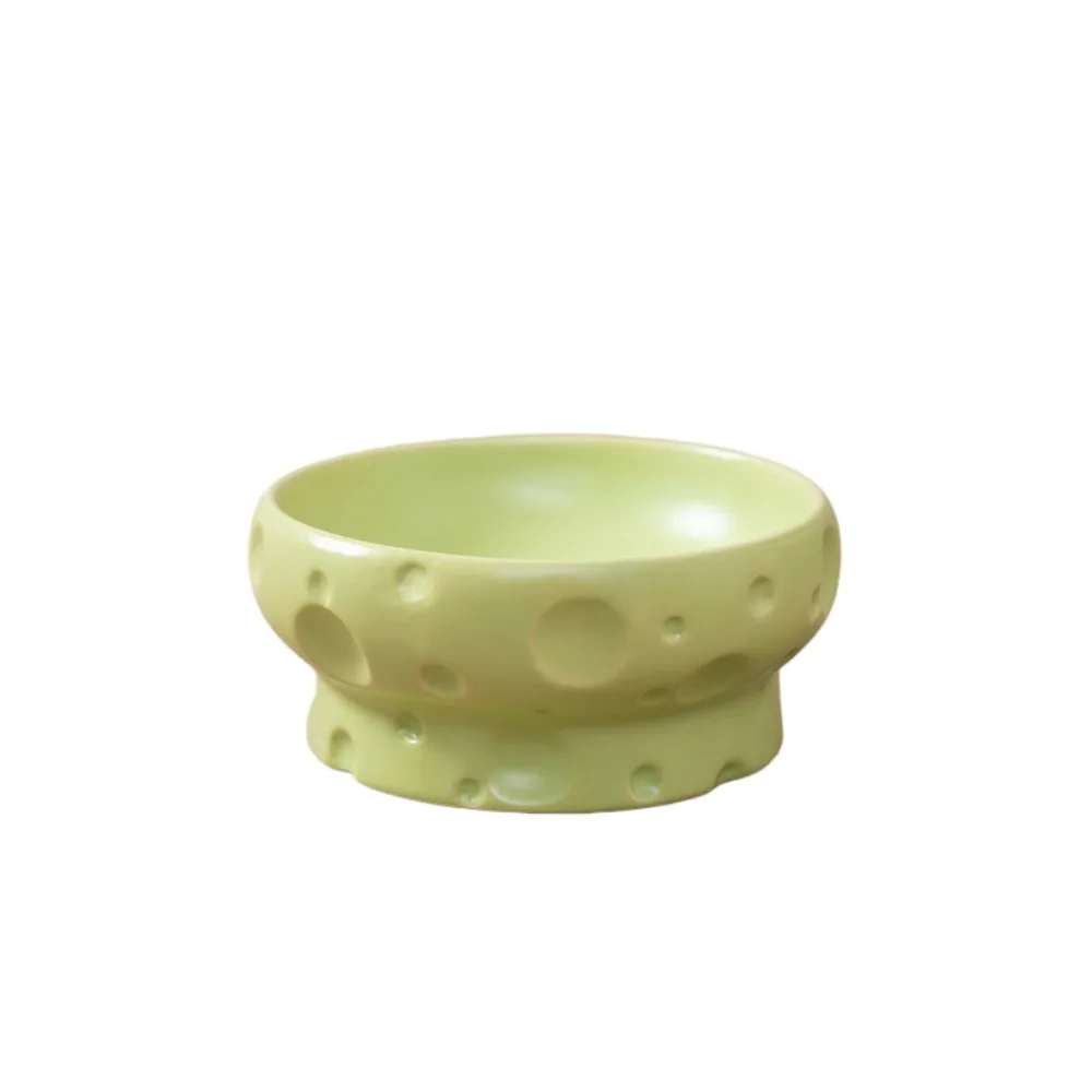 Large Diameter Elevated Cat Bowl Anti-knock Cheese Shape Neck Protection Bowl Ceramic Anti-spill High Foot Bowl Wet Dry Food