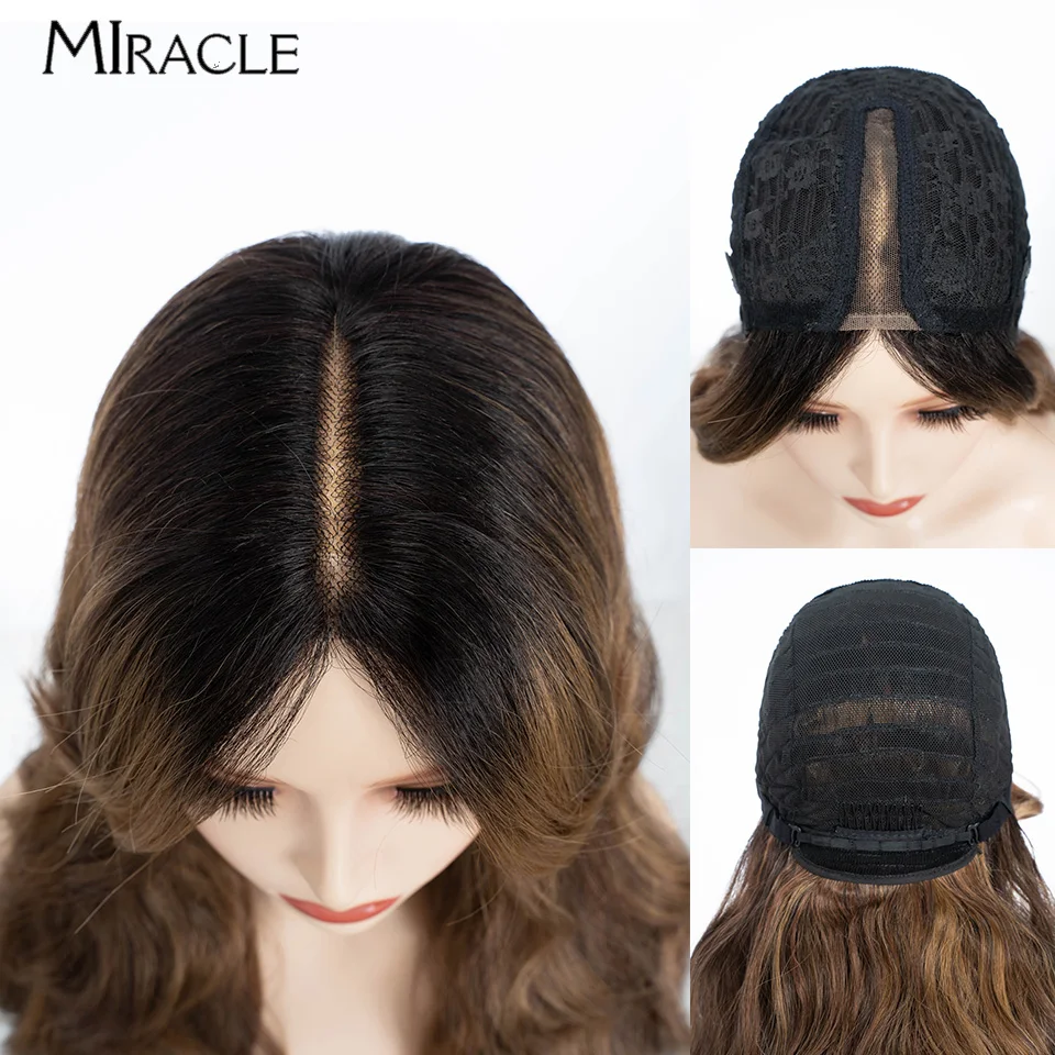 MIRACLE Synthetic Lace Front Wig With Bangs 28 Inch Loose Wave Lace Wig for Women Ombre Brown Cosplay Wigs for Female Fake Hair