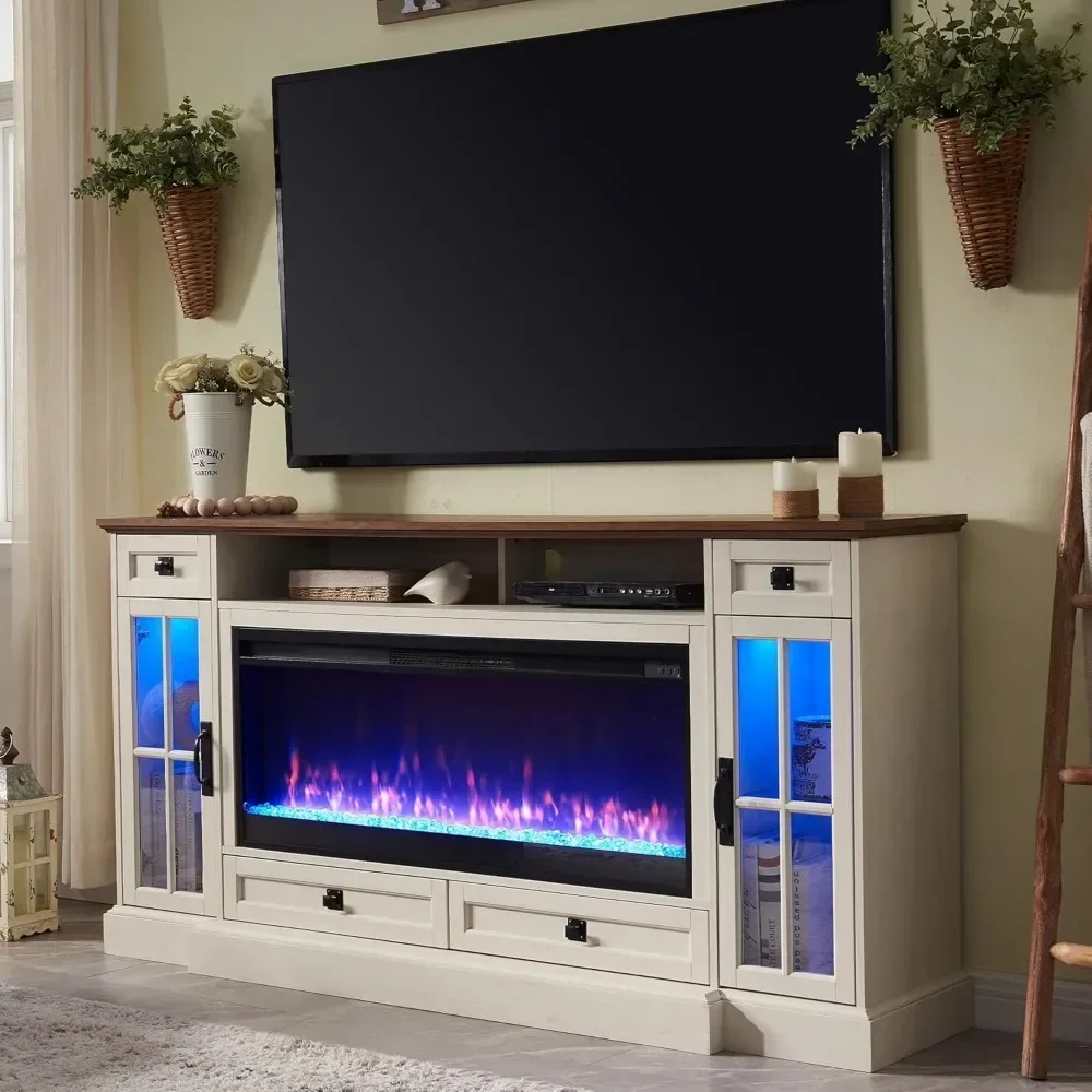 

Farmhouse Entertainment Center with 42" Fireplace & LED Lights, Modern Media Console Table with Storage Drawers.