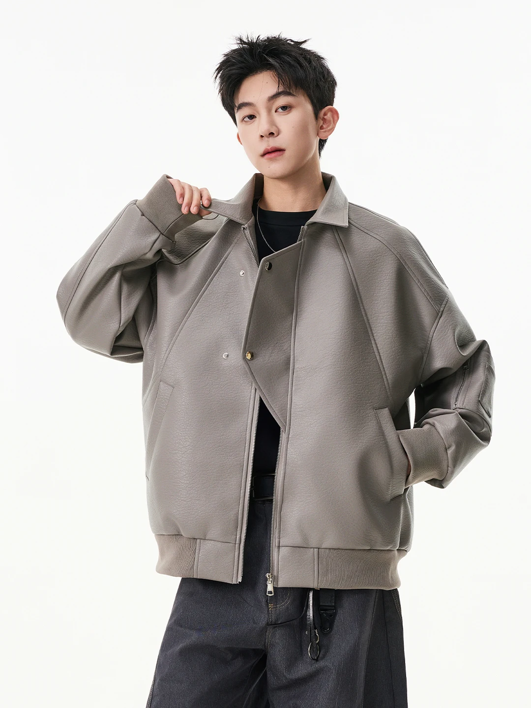 

American Retro PU Leather Jaet Men's Loose Motorcycle Workwear Sle Casual Faion Outerwear Windproof Long Sve Zipper