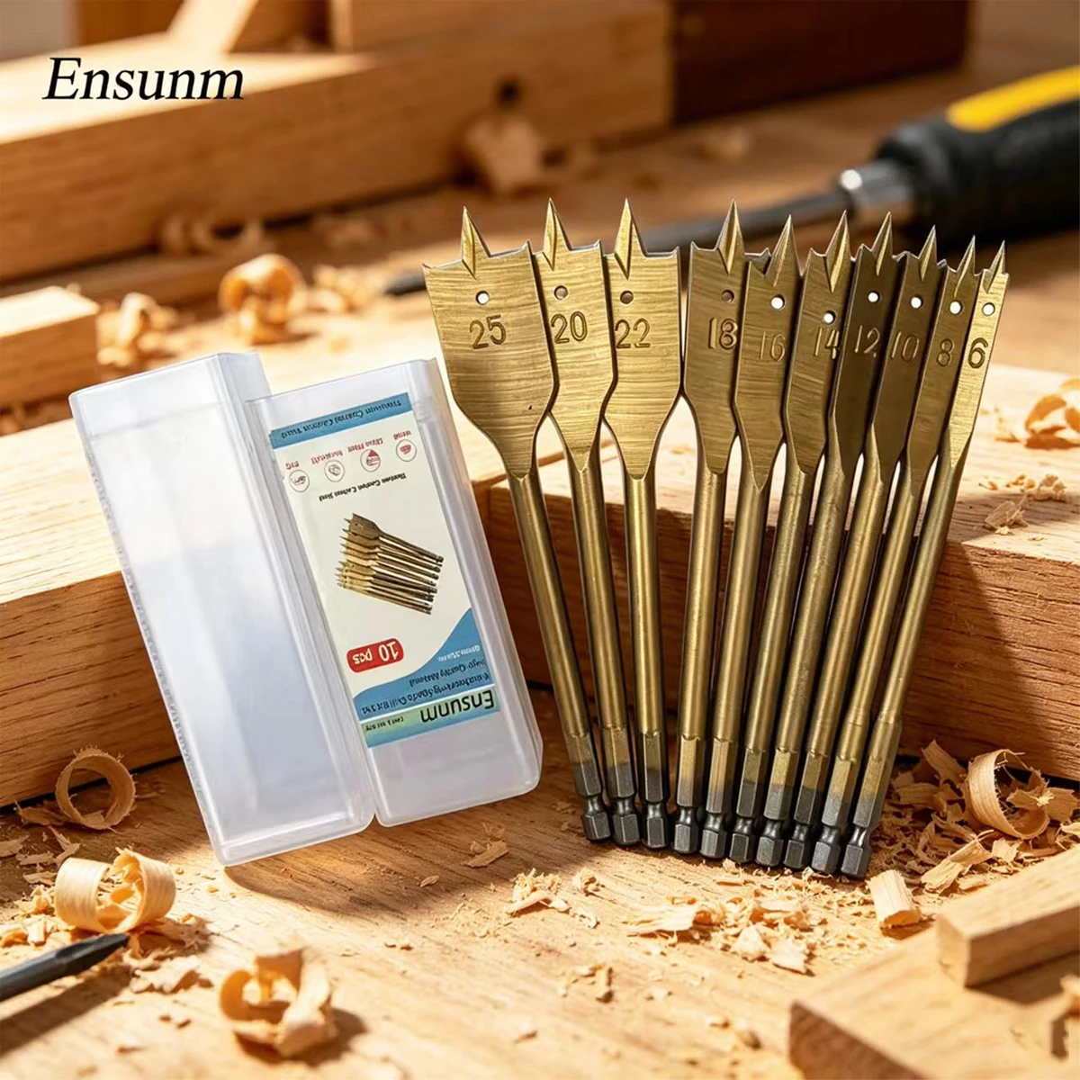 ENSUNM 10pcs high quality 6-25mm woodworking titanium flat drills with three-point R grooves Spade Drill Bit Set