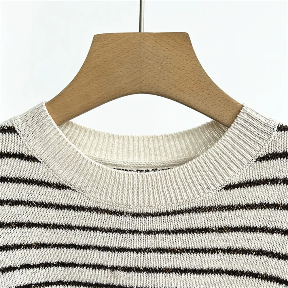 

25 Early Autumn New Cotton Round Neck Striped Sequins Loose Knitted Women's Top
