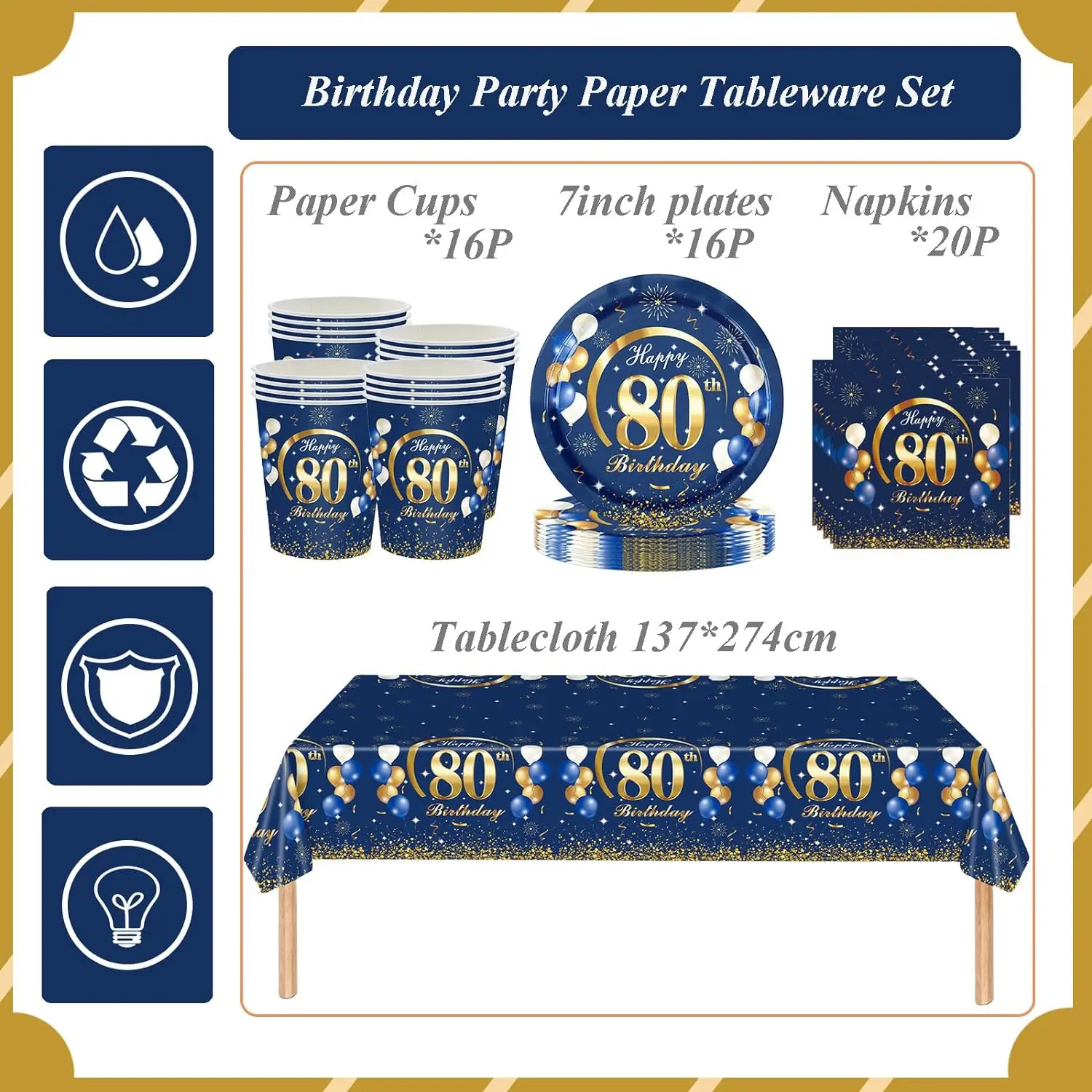 80th Birthday Decoration Men Navy Blue Gold Birthday Tableware Happy 80th Birthday Plates Cups Napkins Tablecloth Men 80th