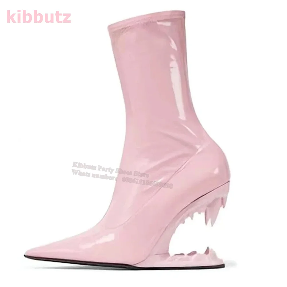 Hollowed Tiger Teeth Ankle Boots Fangs Giant Teeth Metal High Heel Genuine Leather Sock Shoes Fashion Show Luxury Women Shoe New