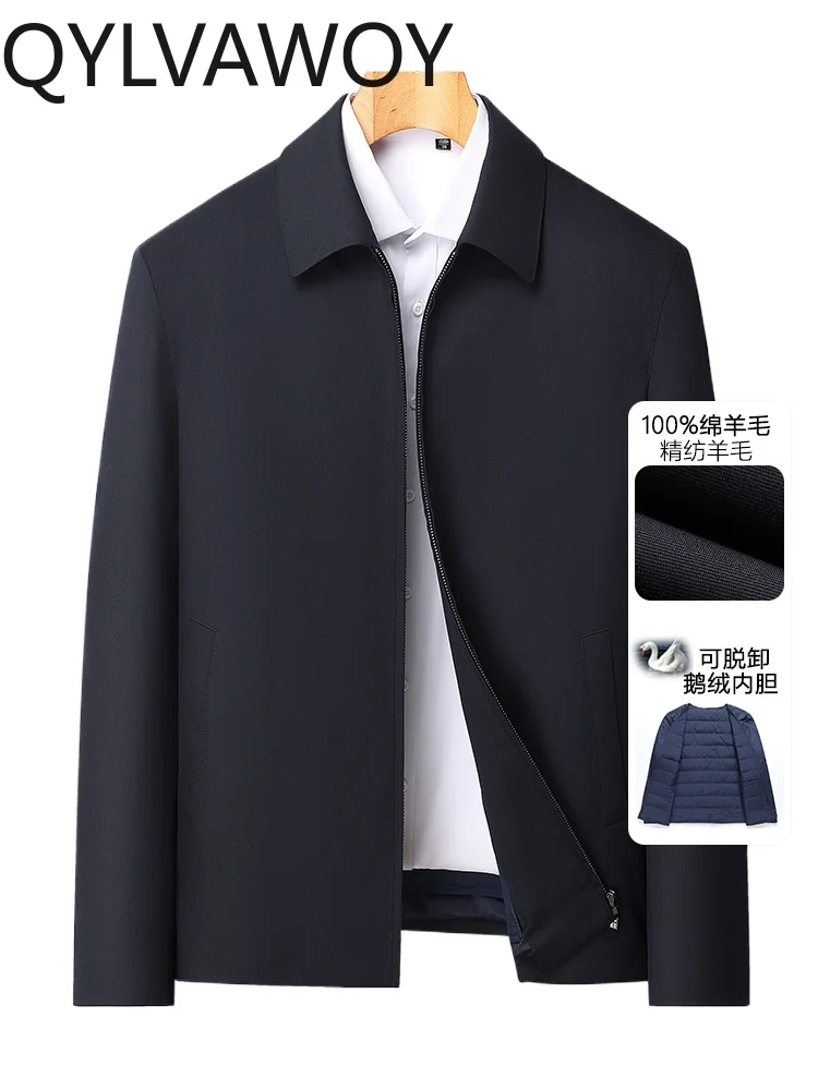 

QYLVAWOY Мужская куртка из 100% шерсти для папы, утолщенная куртка со съемной подкладкой и лацканами, осенне-зимняя верхняя одежда для пожилых людей среднего возраста LJ2094