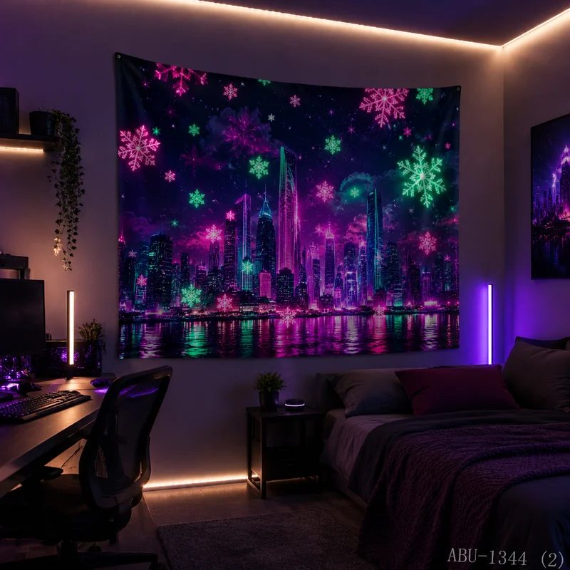VIKAMA Neon Purple Green City Night Snowflake Skyscraper Water Reflection Christmas Tapestry Bedroom Living Room Dorm Home Decor