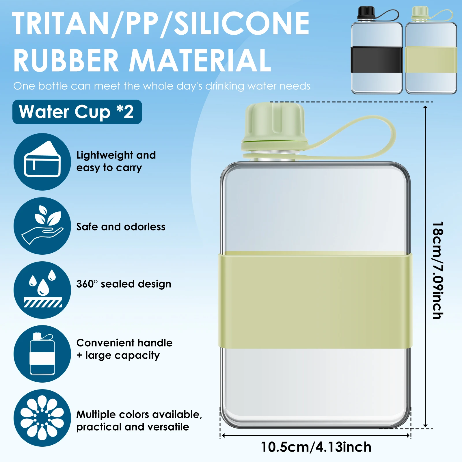 1/2 Pcs 500 ML Flat Water Bottle Slim Flat Drinking Bottles Portable Leak Proof Plastic Water Flask with Handle for Sport Travel
