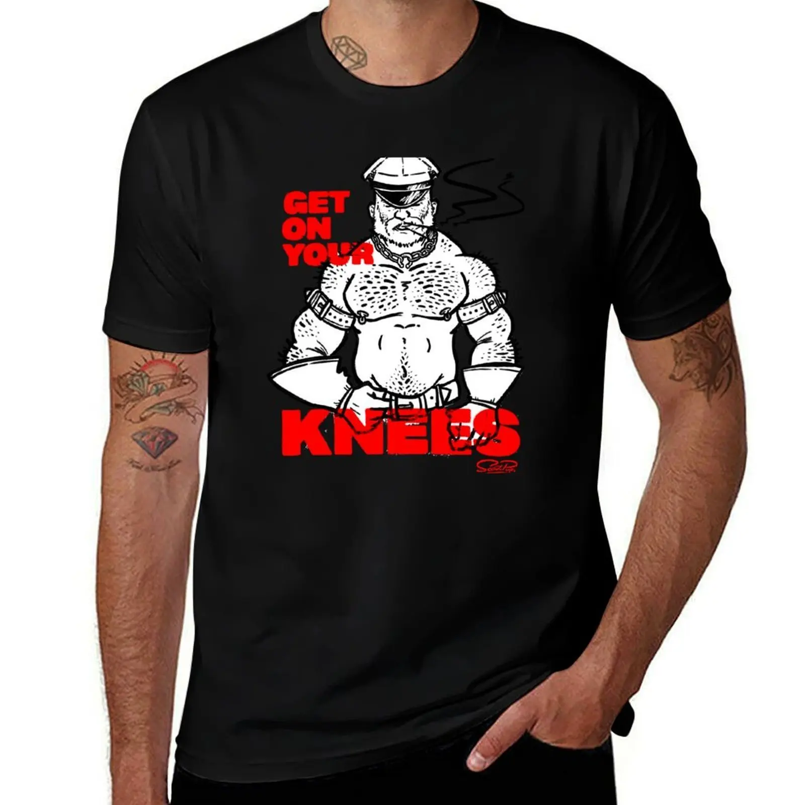 Hairy Leather Daddy - Get on your Knees T-Shirt Daily Wear Plain Short Sleeve Shirt T-Shirt