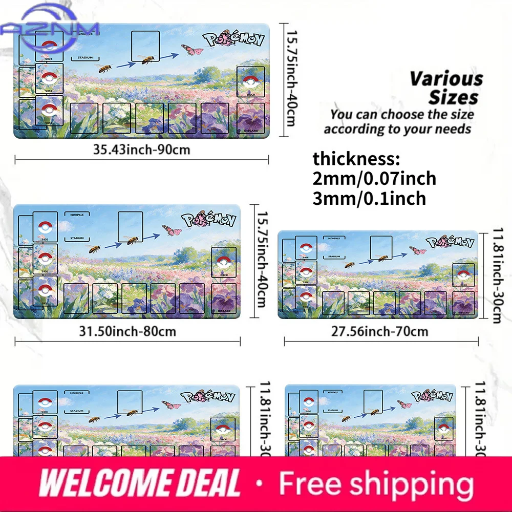 Pokemon Flower Field Bee Butterfly TCG Playmat, Oil Painting Style Trading Card Game Mat with Zones, 2mm/3mm Thick Non-Slip Mous