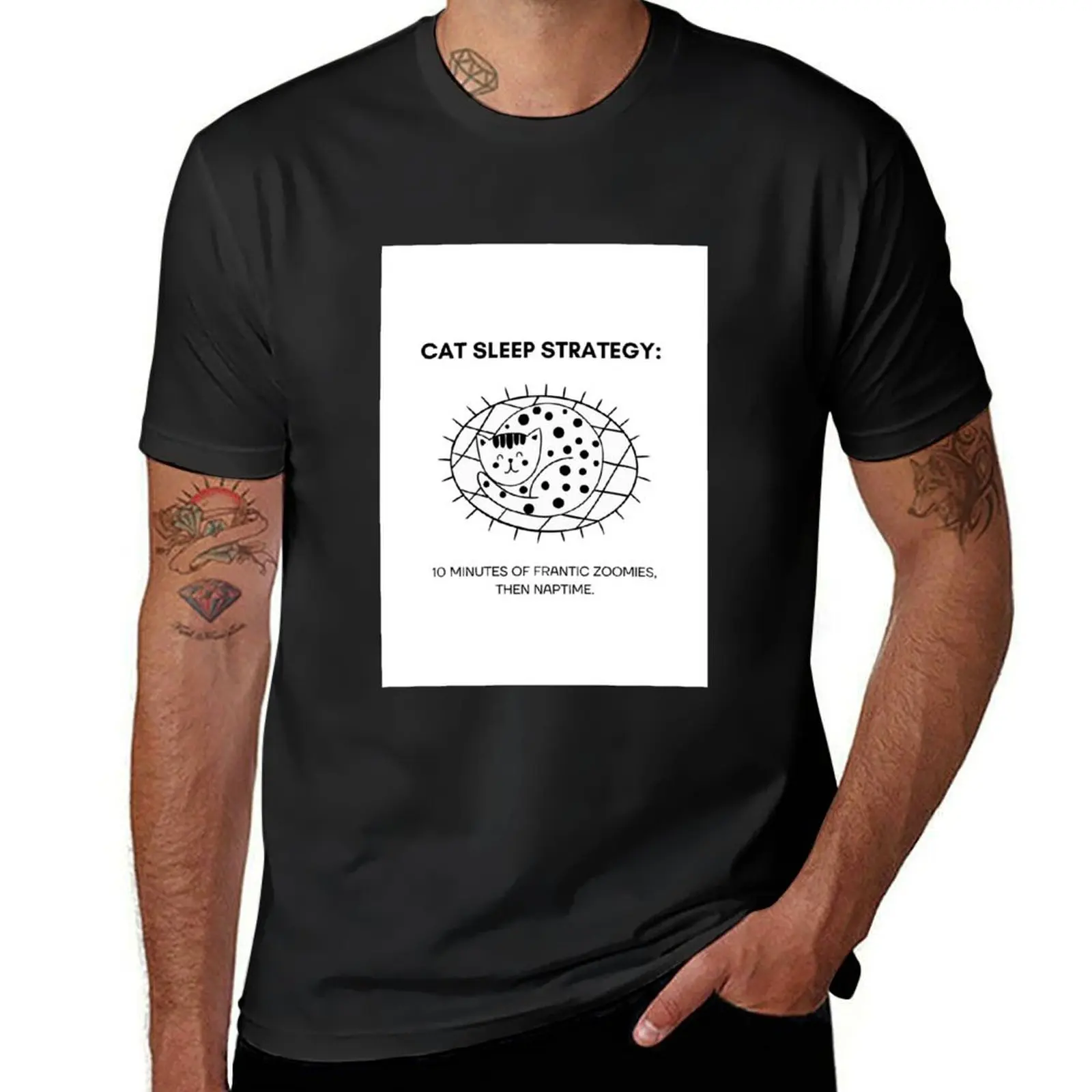 Cat sleep strategy: 10 minutes of frantic zoomies, then naptime Cat Zoomies Sleep Strategy Design T-Shirt
