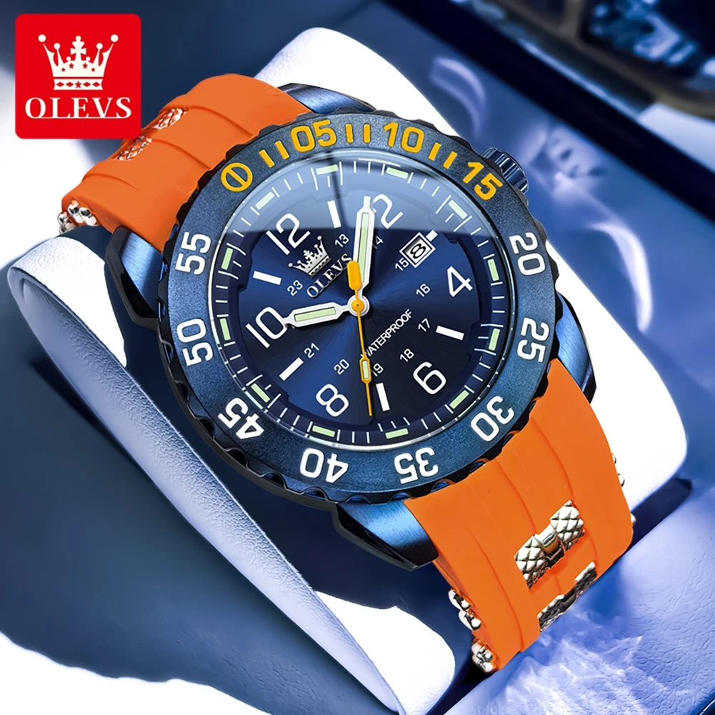 OLEVS Luxury Men's Fashion Quartz Watch Waterproof Luminous Orange Silicone Strap Sports Men Military Wristwatches Watch for Men