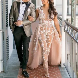 Sexy See Through Jumpsuit Lace Evening Dress Long 2025 V Neck Detachable Train Dubai Arabic Women Prom Formal Party Gala Gowns